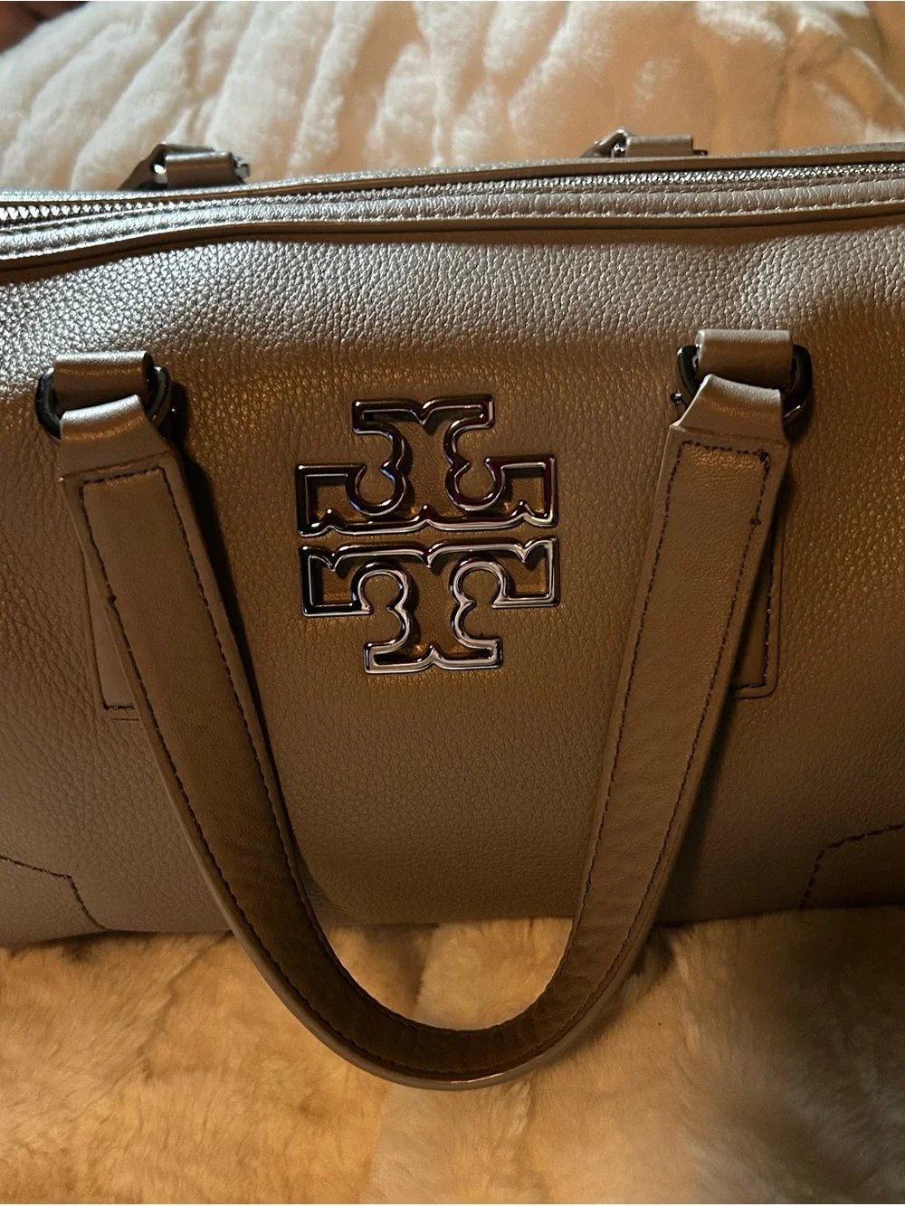 Tory Burch Neutral Taupe Leather Satchel with Logo Accent - Picture 1 of 4